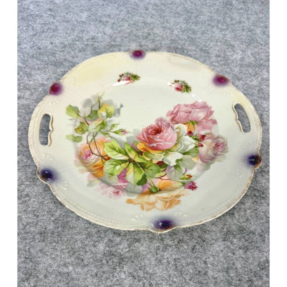 Vintage Bavaria Handled Plate Pink Yellow Roses Scalloped Gold Gilt 9.75"